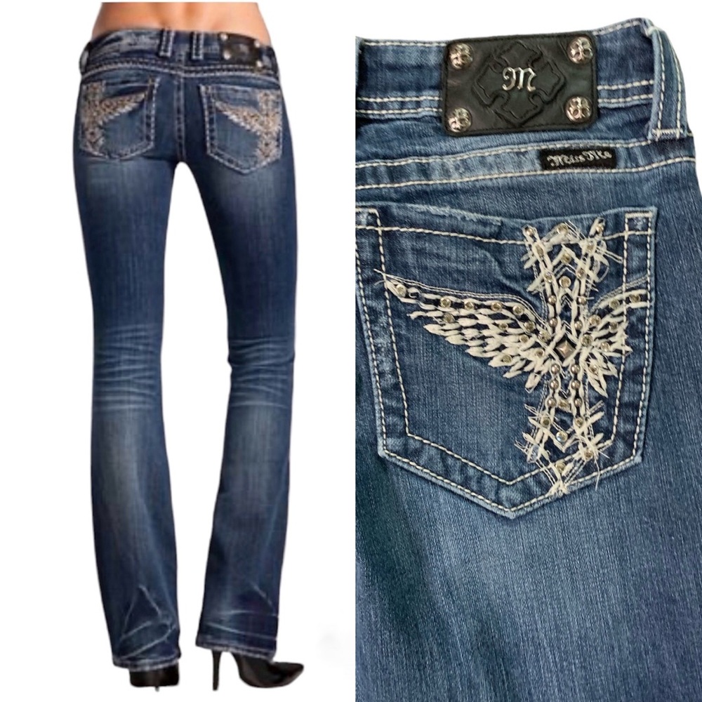 Miss Me Womens Size 31 Skinny Jeans Angel Wings Cross Bradbury Rhinestones Denim